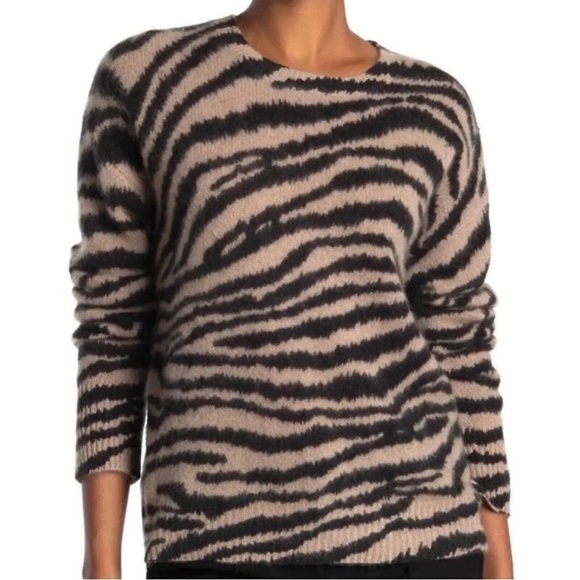 Magaschoni Animal Print 100% Cashmere Crewneck Sweater XS Tan Black Zebra - Picture 2 of 16